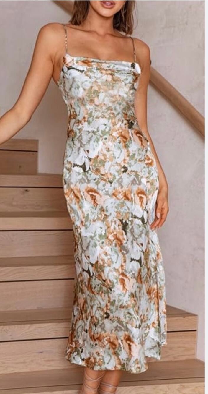 Tsher Sage Green & Tan Abstract Floral Satin Slip Dress XS Midi Maxi Slit